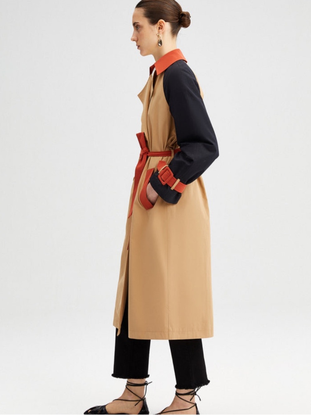 Touchè Colorblock Trench Coat in Camel, Black & Rust Women’s Size 42/US 10 - Picture 6 of 15